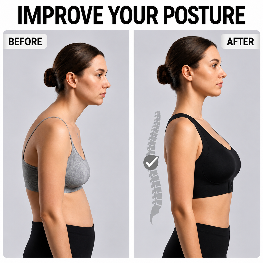 Side-by-side profile of a woman slouching in a gray bra and standing tall in a black front-closure bra, with a spine graphic. 6