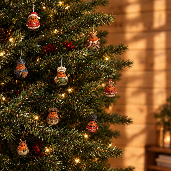 Small robin figurines in costumes, including a king, chef, mail carrier and guard, hanging from a lit Christmas tree. 1