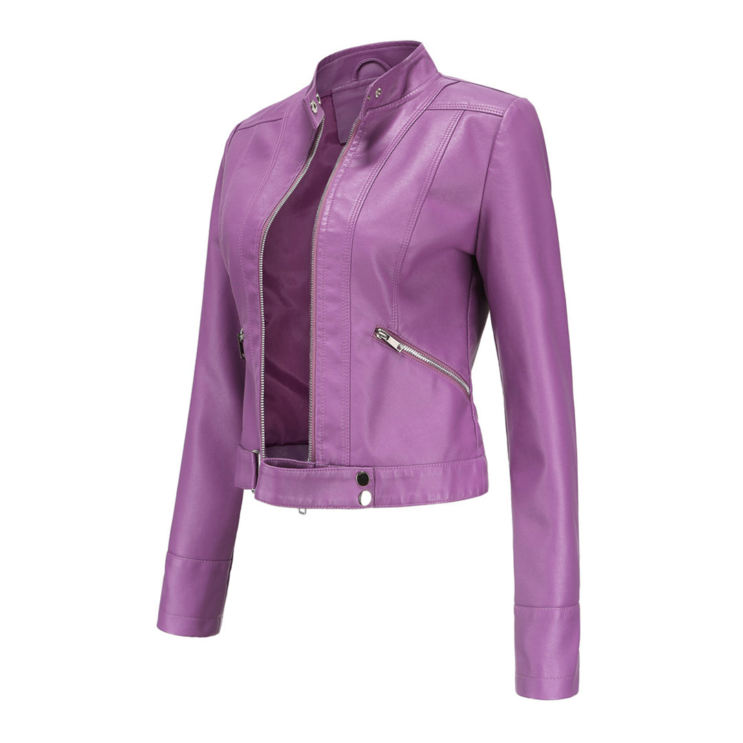 Orchid purple cropped jacket angled three-quarter view, unzipped, showing the diagonal zip pocket and snap-closure hem tab 7