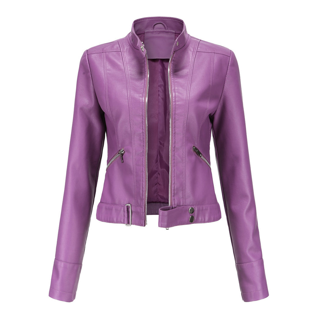 Front view of the bright purple cropped jacket, unzipped, with stand collar, angled zip pockets and snap waist tab. 7