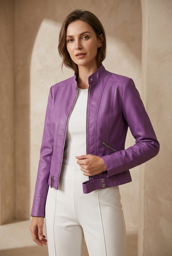 Woman wearing the purple cropped jacket open over a white top and white pants 1