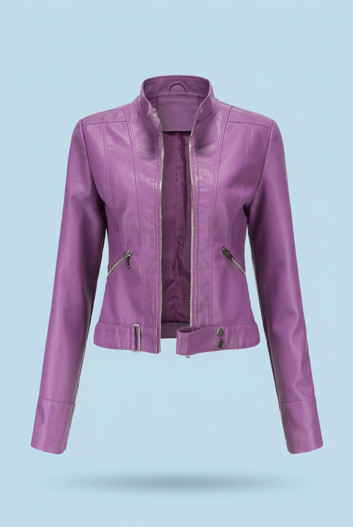 Purple jacket with the front zipper open, showing the smooth lining, stand collar and buckled waist tab 3