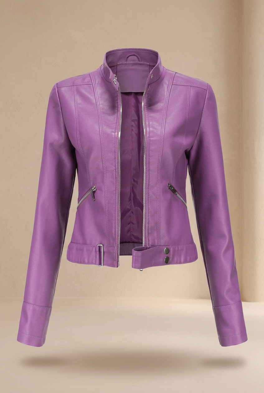 Purple jacket presented floating against a soft beige backdrop, unzipped with purple lining visible 9