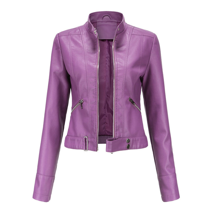 Deeper purple version of the jacket, front view on white, with silver zippers and buckle hem 4