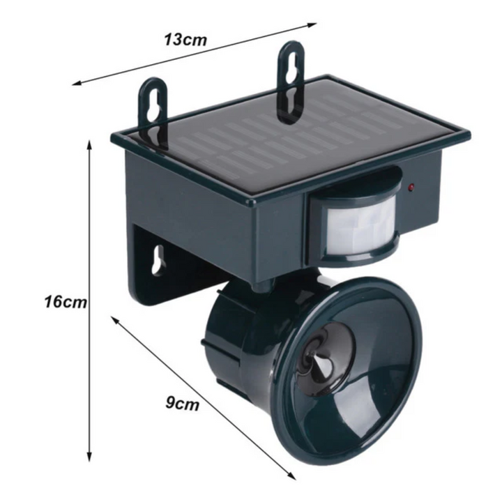 Bird deterrent on a white background with width, height and depth dimensions.