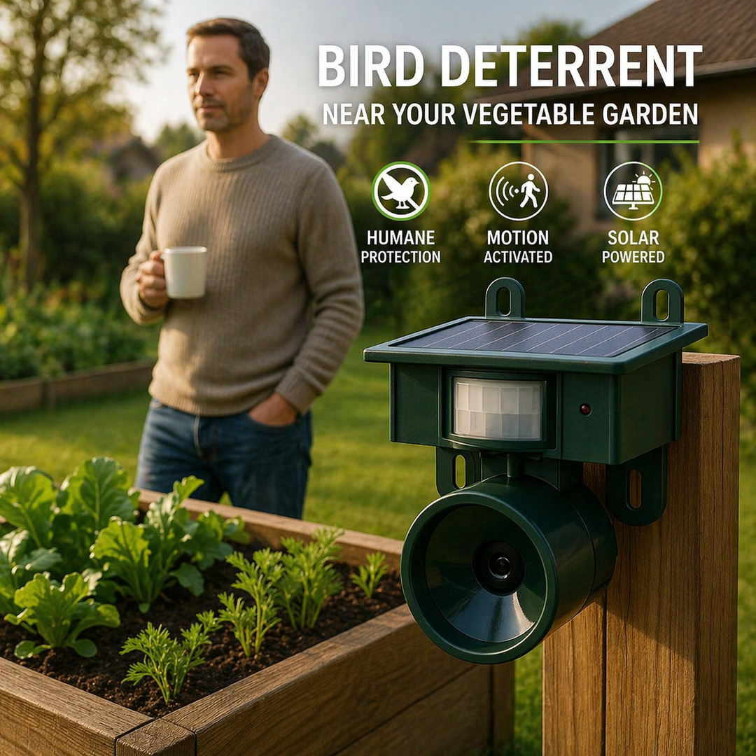Bird deterrent mounted on a wooden post beside a raised vegetable bed.