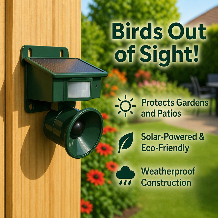 Green bird deterrent screwed to a wooden fence post with a blurred flower garden and patio behind it.