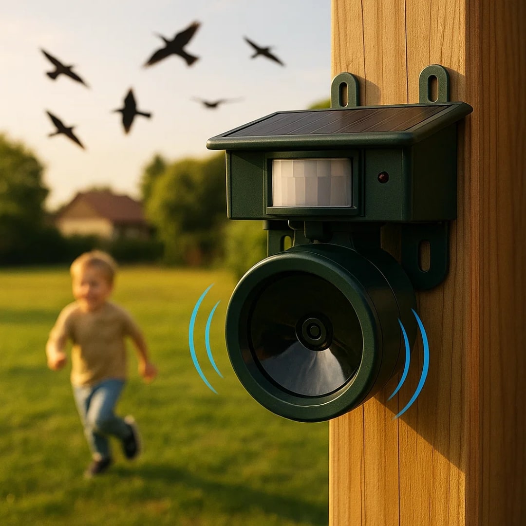 Close side view of the bird deterrent on a wooden post with sound waves and flying birds.