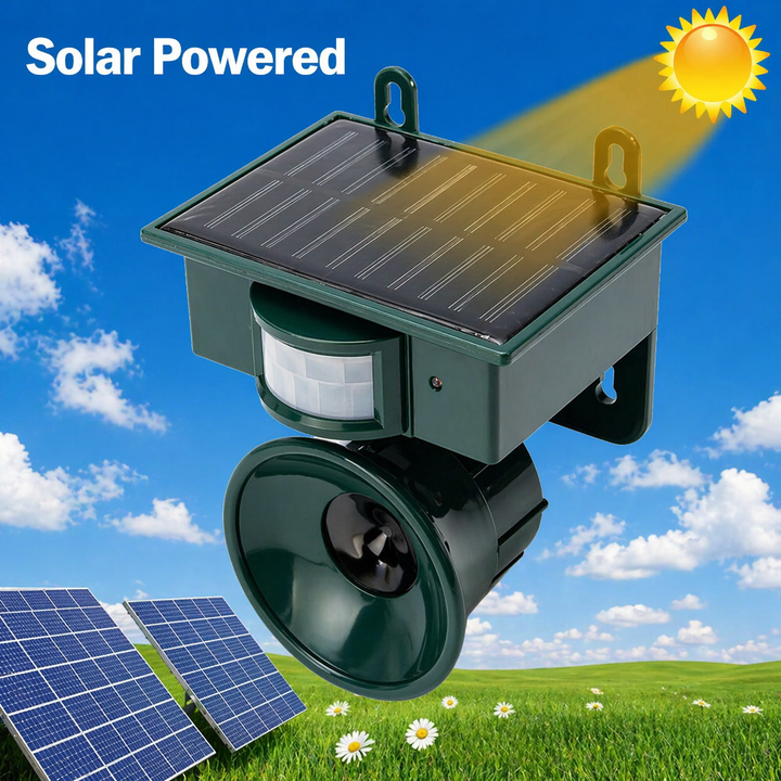Bird deterrent shown from above with its solar panel angled toward the sun.