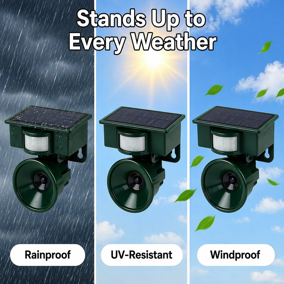 Three bird deterrent units shown against rainy, sunny and windy backgrounds.