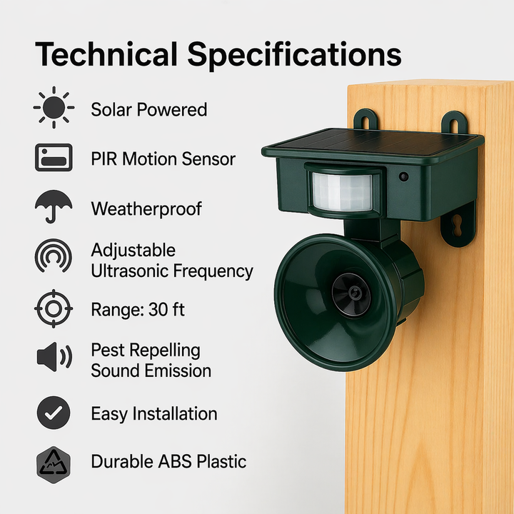Bird deterrent mounted on a light wooden post beside technical specifications icons.