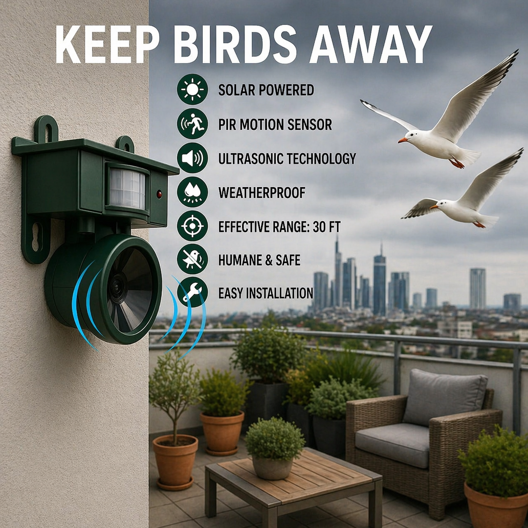 Bird deterrent fixed to a balcony wall with sound waves and seagulls over a city skyline.