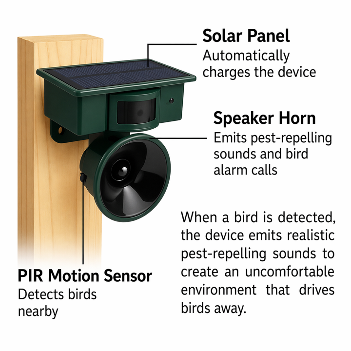 Labeled diagram of the solar panel, motion sensor and speaker horn on a wooden post.