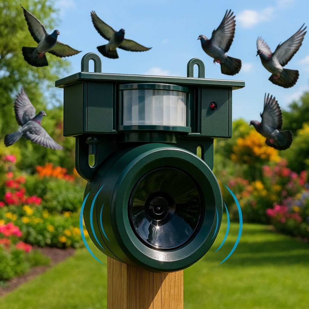 Green bird deterrent on a wooden post with sound waves and pigeons in a flower garden.