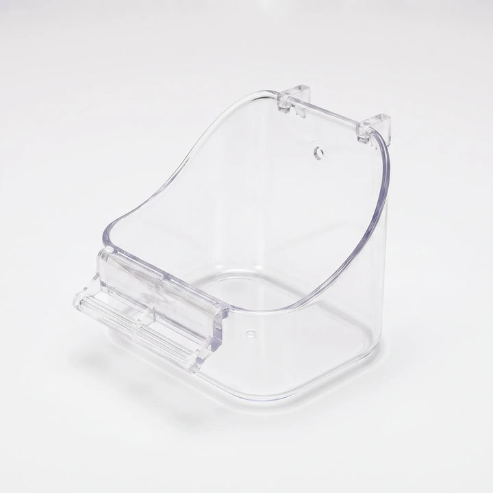 Clear transparent version of the hanging bird bath with front perch bar and top hooks, shown empty on a white background. 4