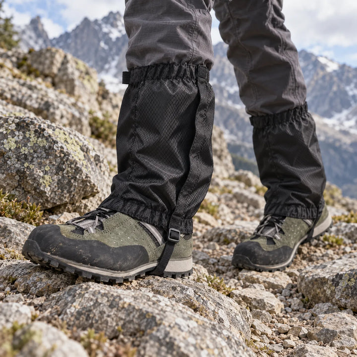 Black ripstop gaiters worn over hiking boots and gray pants while walking on a rocky mountain trail with peaks behind. 1