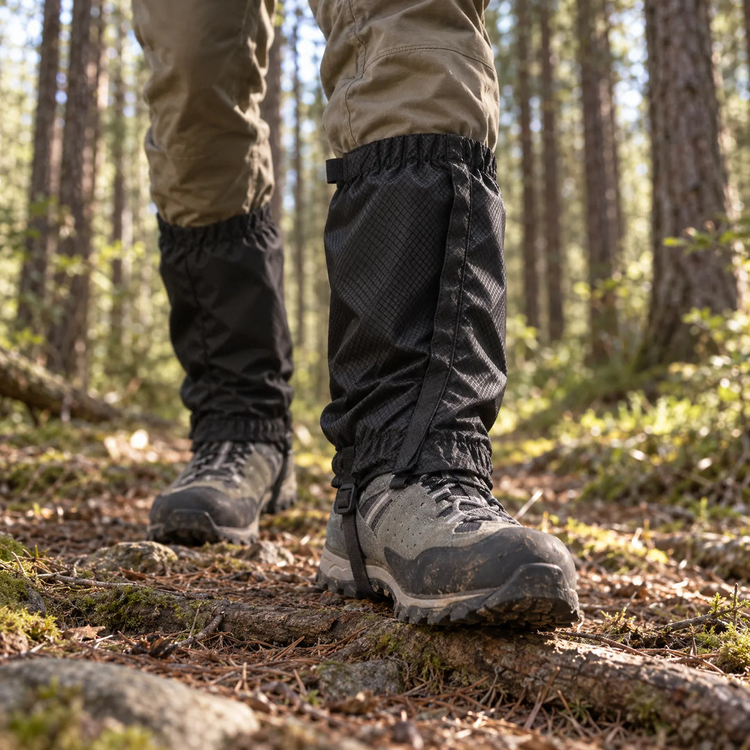 Low-angle view of black gaiters worn over hiking boots on a forest trail with pine needles, roots and moss. 3
