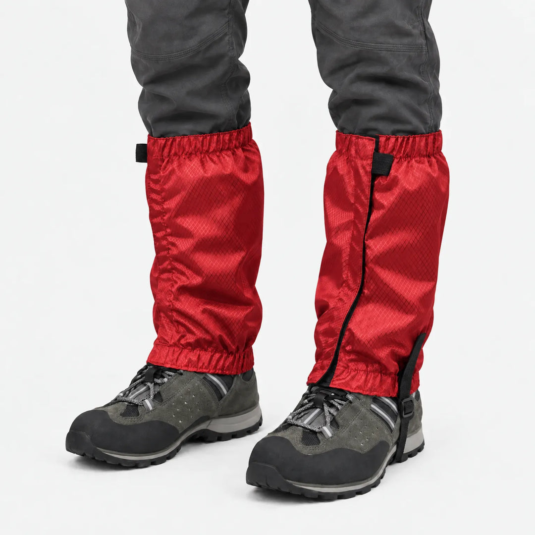 Red ripstop gaiters with black strap and closure, worn over gray hiking shoes and dark pants against a white background. 7