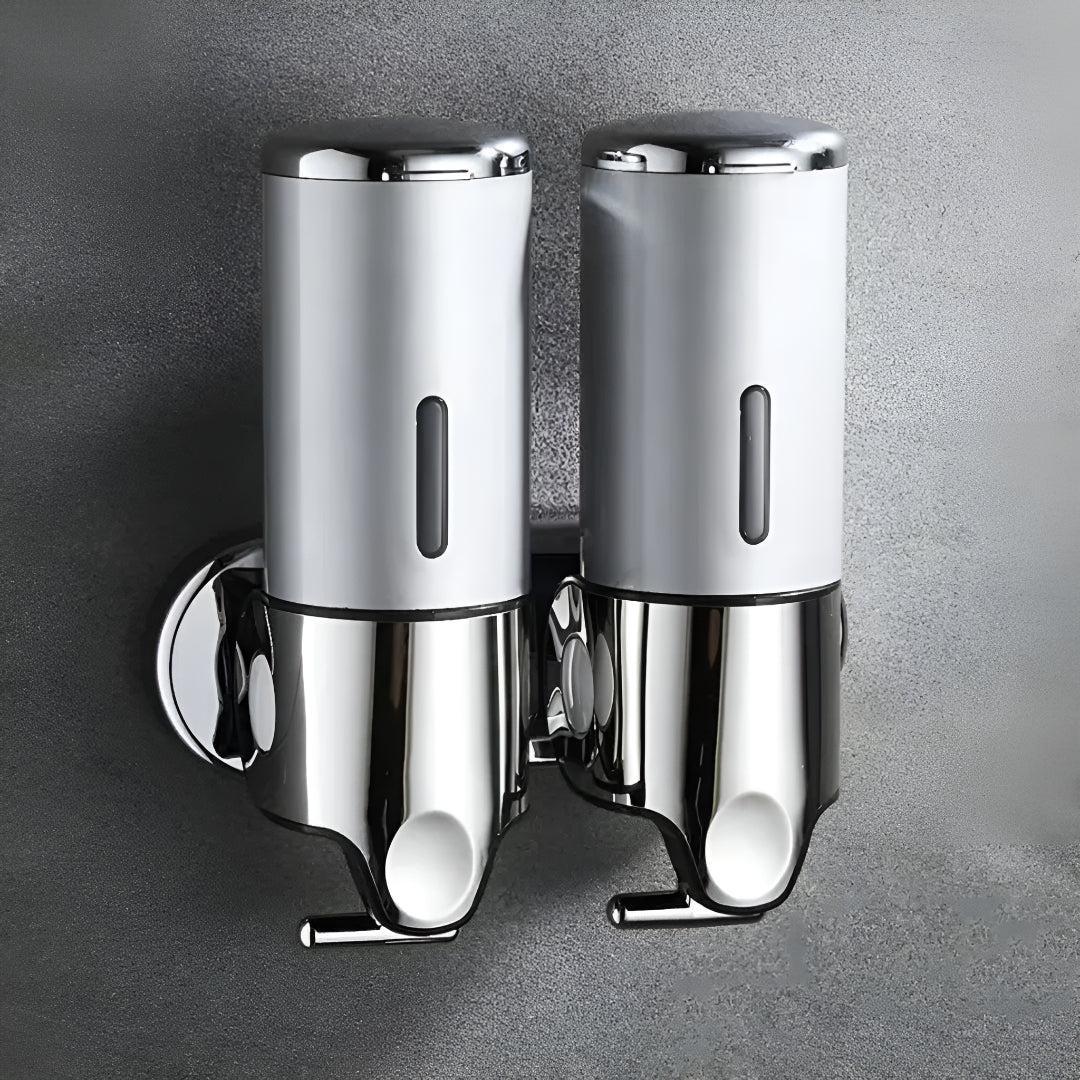 Wall-mounted white soap dispenser, another view.