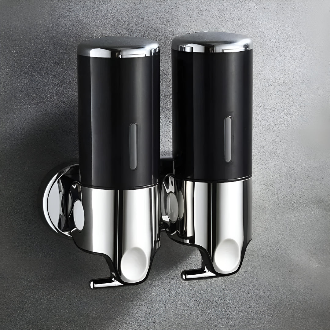 Wall-mounted white soap dispenser, another view.