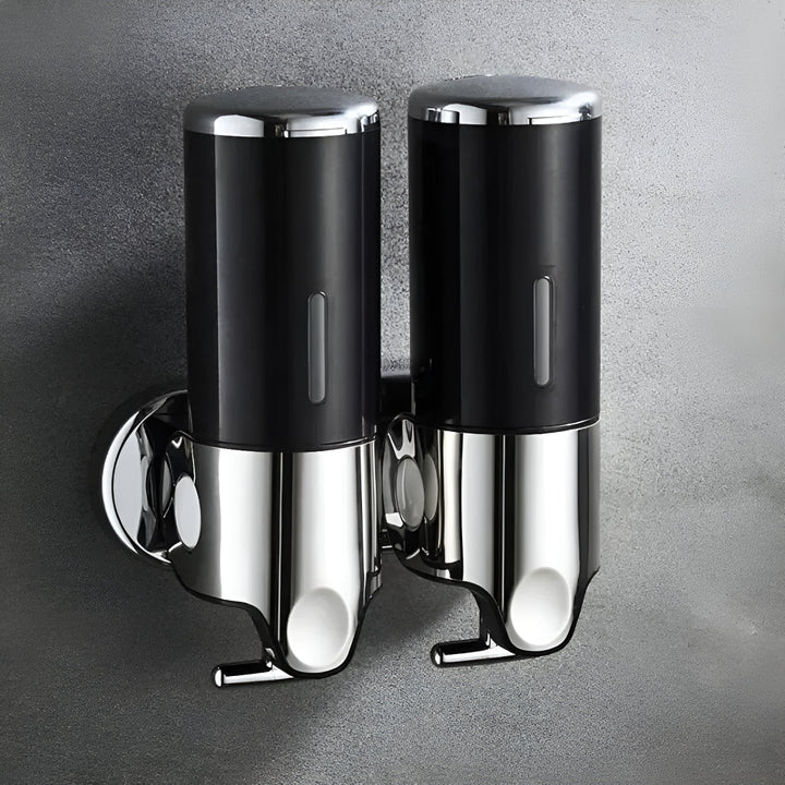 Wall-mounted white soap dispenser, another view.