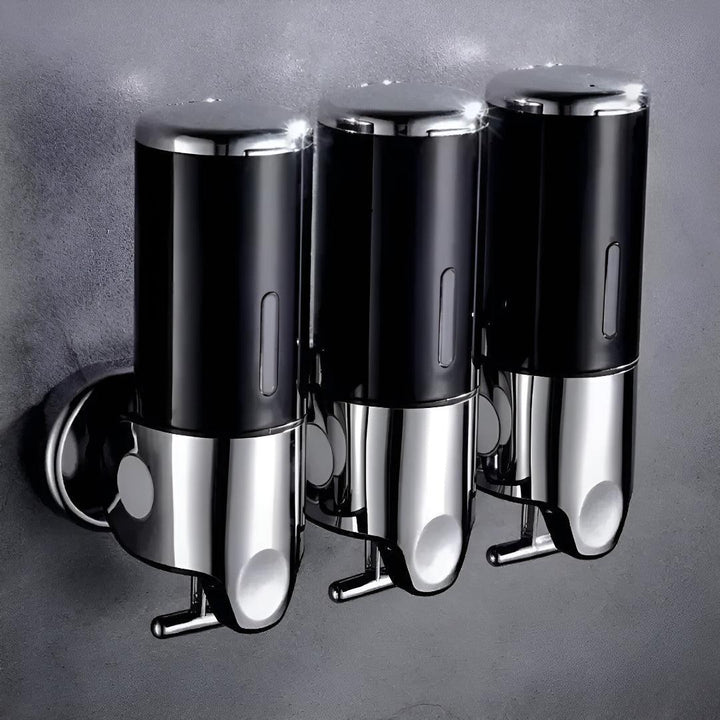 Wall-mounted white soap dispenser, another view.