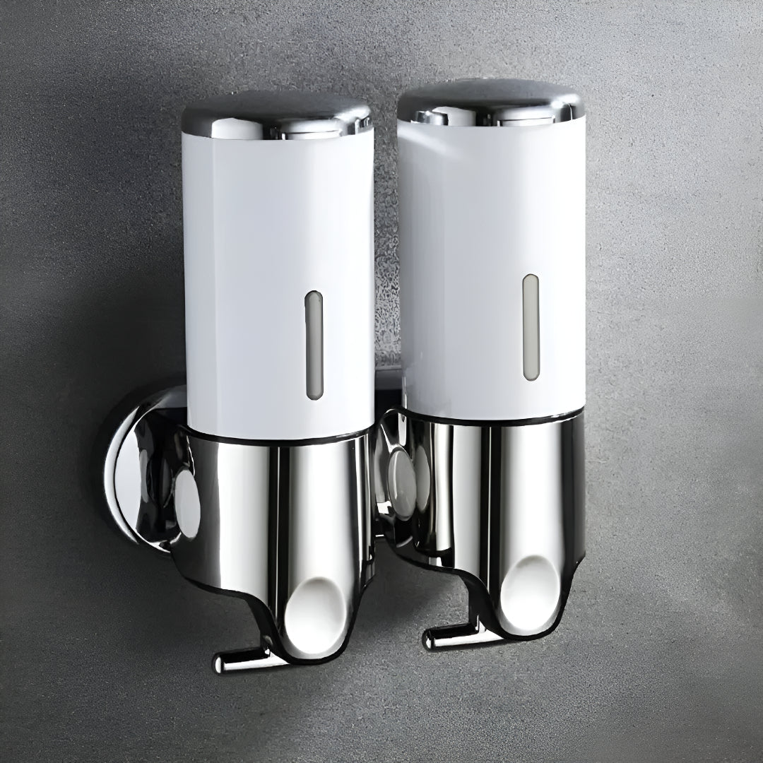 Wall-mounted white soap dispenser, another view.
