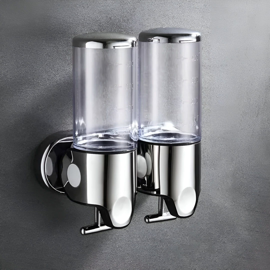 Wall-mounted white soap dispenser, another view.