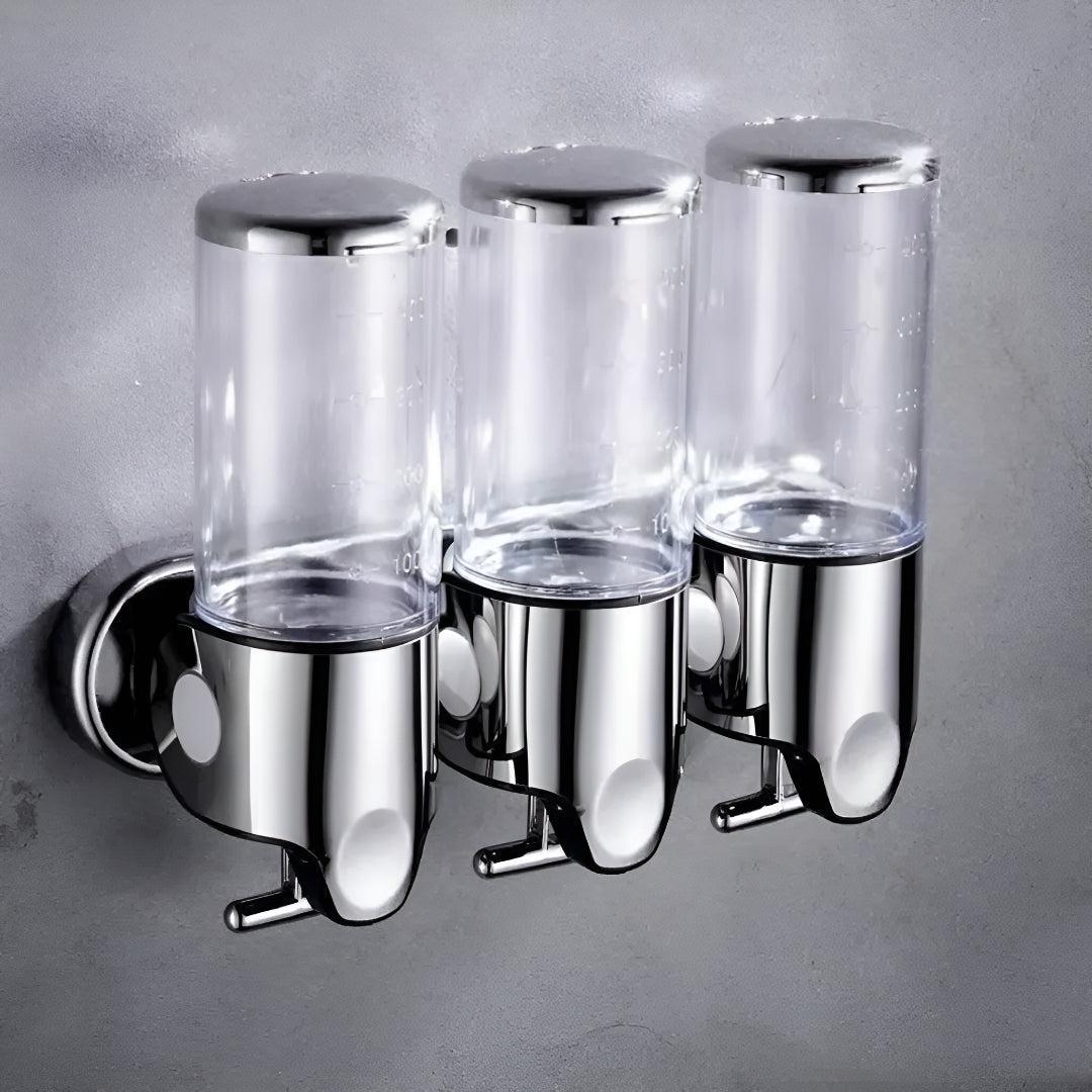 Wall-mounted white soap dispenser, another view.