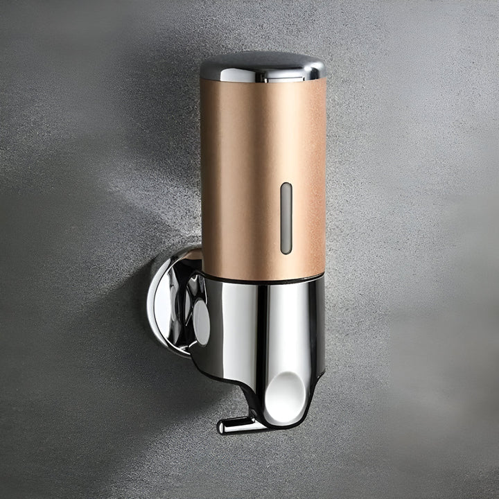 Wall-mounted white soap dispenser, detail.
