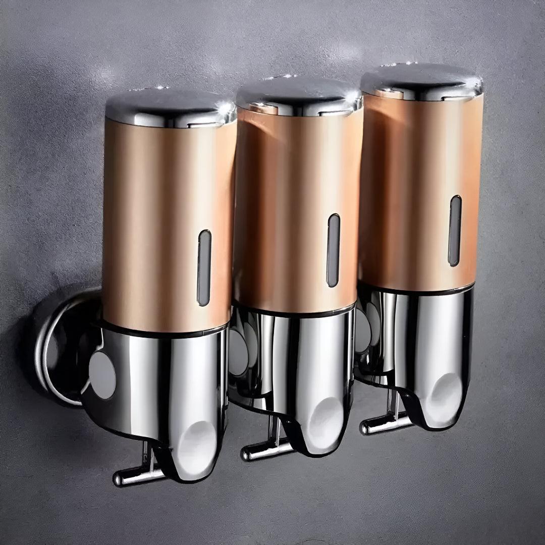 Wall-mounted white soap dispenser, another view.