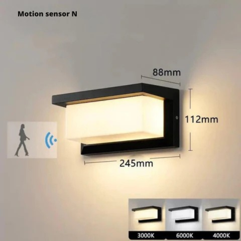 Diagram of the light with width, height and length dimensions, a walking-person motion sensor icon, and three color temperature options. 7