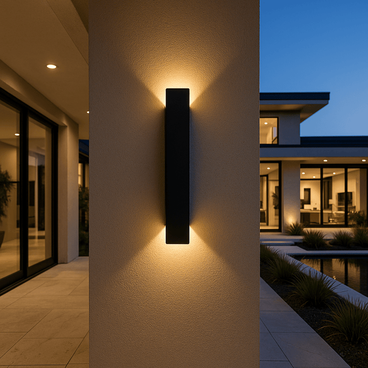 Black slim vertical wall light on a textured stucco wall at dusk, throwing warm light upward and downward beside a modern home. 2