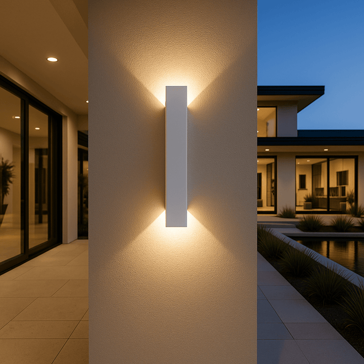 White slim vertical wall light glowing at dusk, casting warm light up and down a textured stucco wall beside a modern house. 1