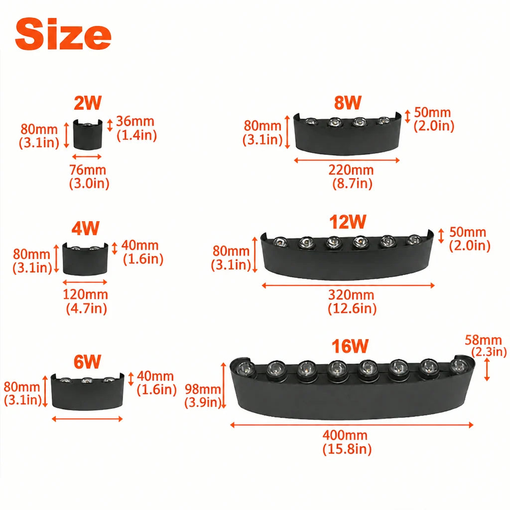 Skøle wall light fixture size chart for six black versions with width and height dimensions