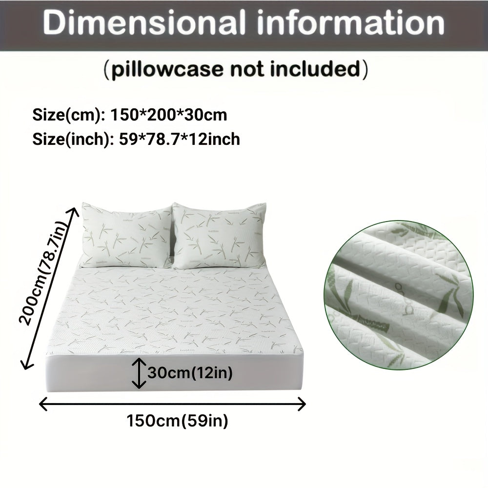 Size diagram of the protector on a bed with two pillows, listing 59 by 78.7 by 12 inches, plus a fabric close-up. 11