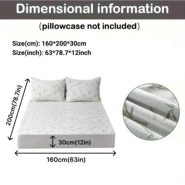 Size diagram of the protector on a bed with two pillows, listing 63 by 78.7 by 12 inches, plus a fabric close-up. 12