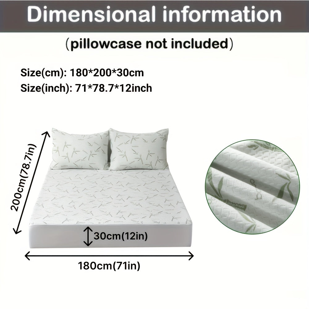 Size diagram of the protector on a bed with two pillows, listing 71 by 78.7 by 12 inches, plus a fabric close-up. 13