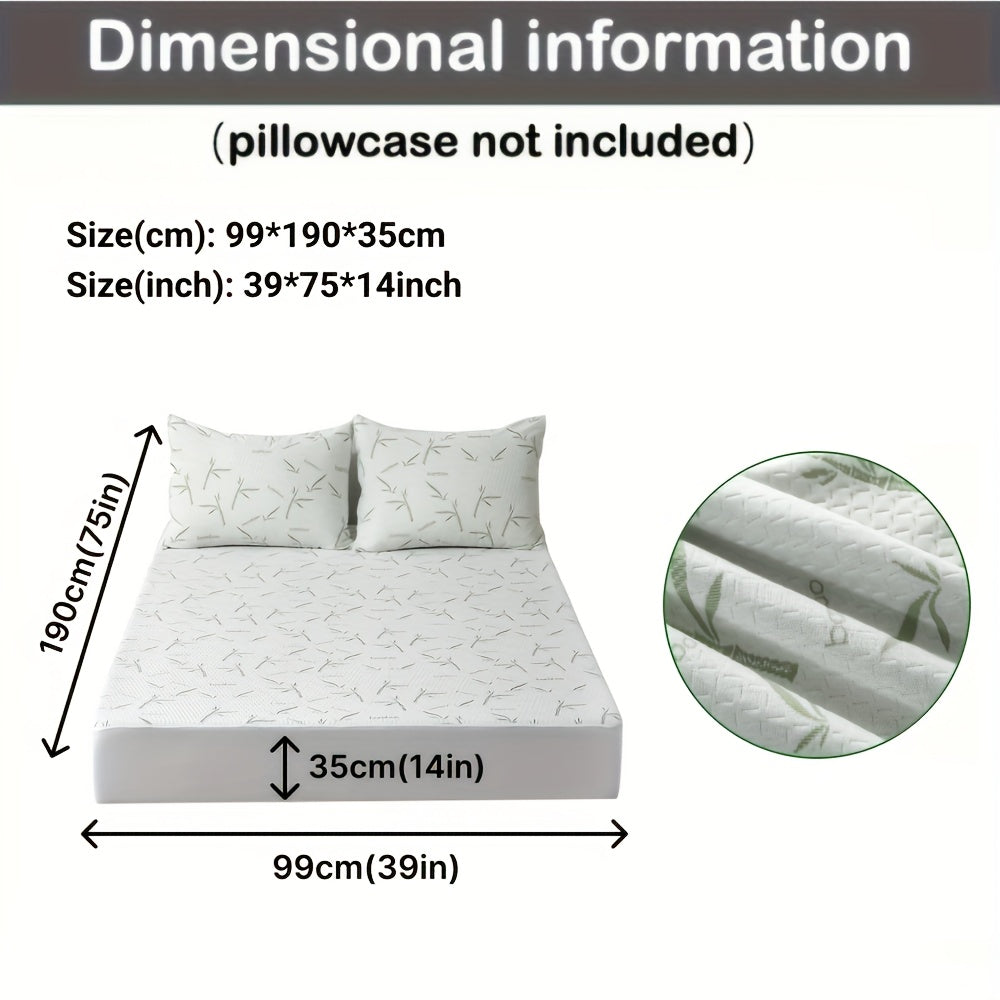 Size diagram of the protector on a bed with two pillows, listing 39 by 75 by 14 inches, plus a fabric close-up. 16