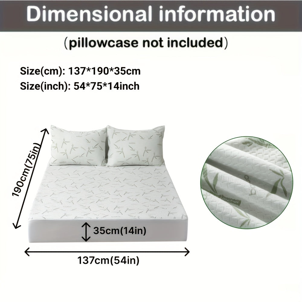 Size diagram of the protector on a bed with two pillows, listing 54 by 75 by 14 inches, plus a fabric close-up. 17