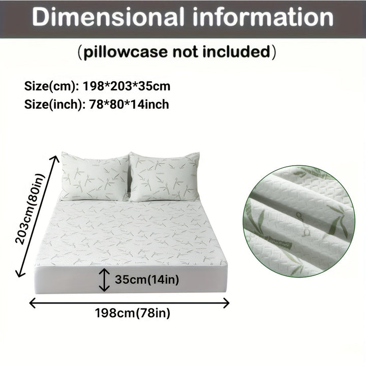 Size diagram of the protector on a bed with two pillows, listing 78 by 80 by 14 inches, plus a fabric close-up. 19