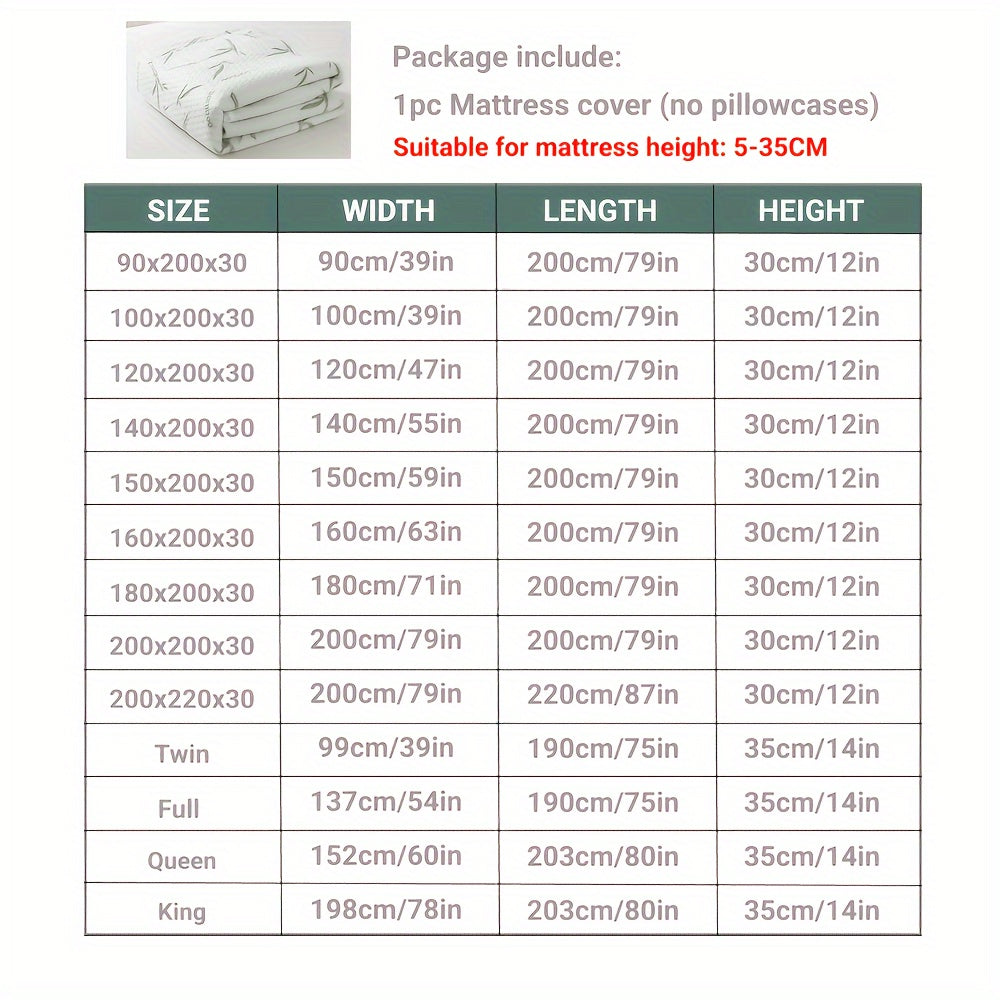 Size chart table listing widths, lengths and heights for every available size, noting the package holds one mattress cover without pillowcases. 20