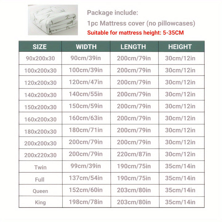 Size chart table listing widths, lengths and heights for every available size, noting the package holds one mattress cover without pillowcases. 20