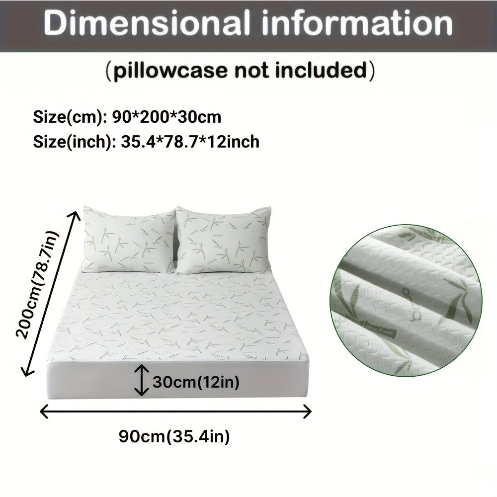 Size diagram of the protector on a bed with two pillows, listing 35.4 by 78.7 by 12 inches, plus a fabric close-up. 6