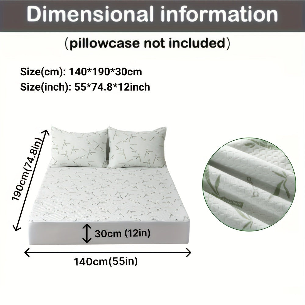 Size diagram of the protector on a bed with two pillows, listing 55 by 74.8 by 12 inches, plus a fabric close-up. 9