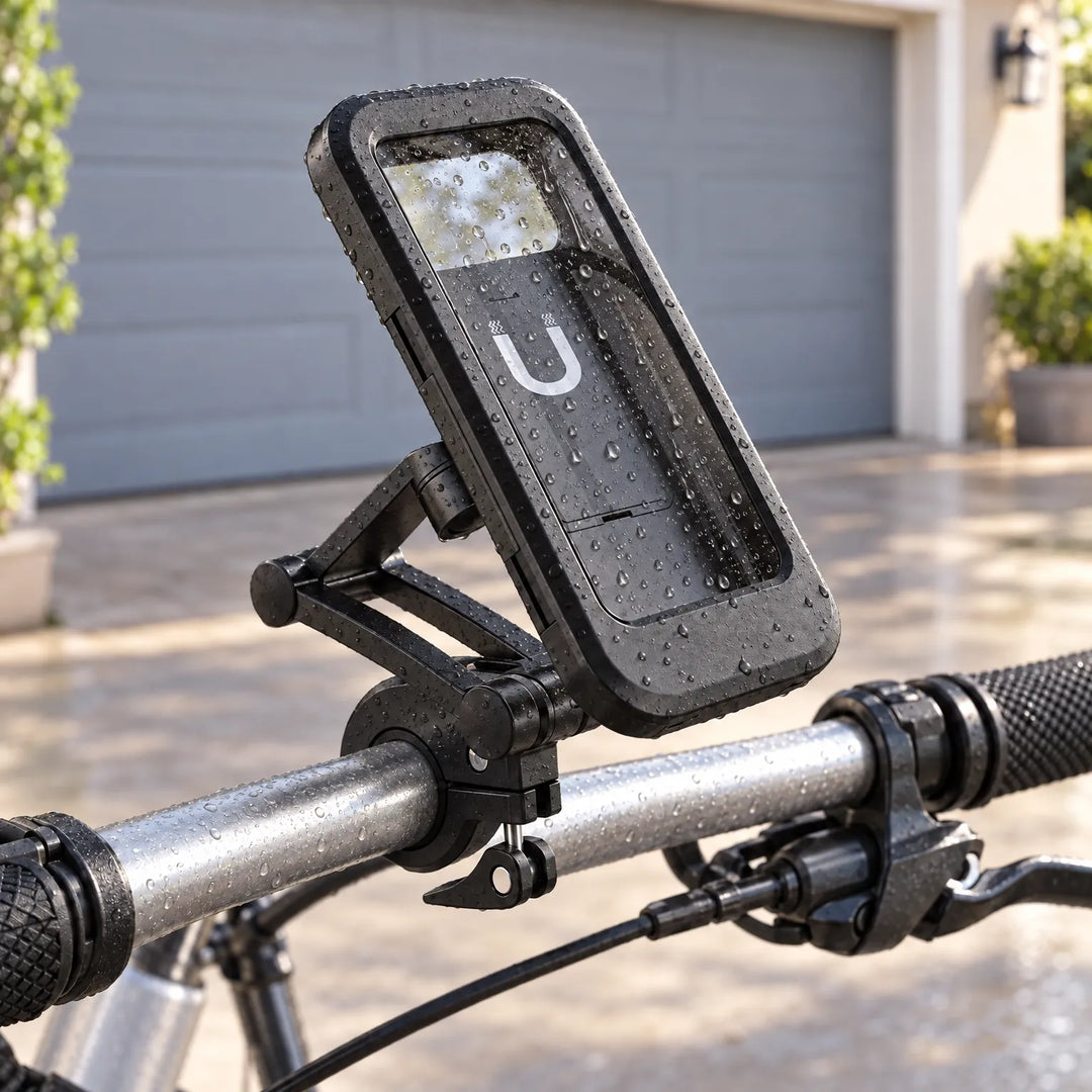 Black phone mount clamped to a bicycle handlebar outdoors, its clear window and frame covered in water droplets. 1