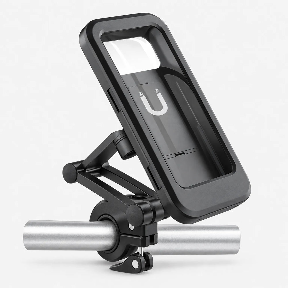 Black phone holder with a clear top window, angled arm and round clamp, shown on a short silver tube against white. 2