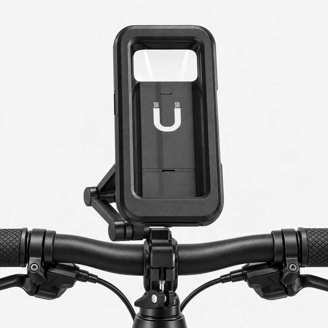 Front view of the black phone holder mounted at the center of a black bike handlebar, against a plain white background. 4