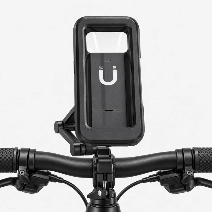 Front view of the black phone holder mounted at the center of a black bike handlebar, against a plain white background. 4