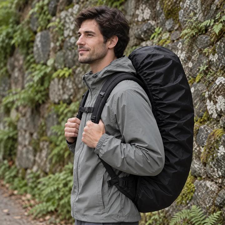 Smiling man in a gray jacket hiking beside a mossy stone wall, wearing a backpack with a black cover stretched over it. 1